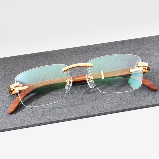 Rimless Metal Wooden Eyeglasses