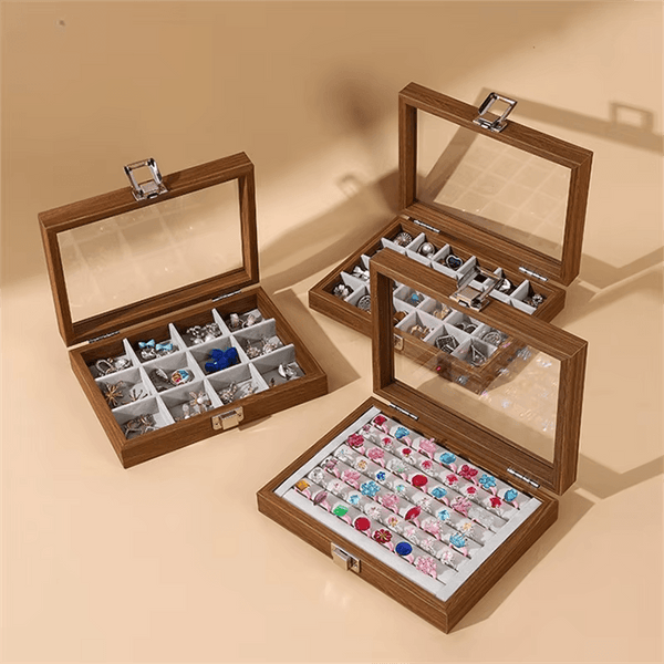 Elegant 7-Grid Wooden Ring Jewelry Box Velvet Organizer | SUNGLASSES MART - SunglassesMart