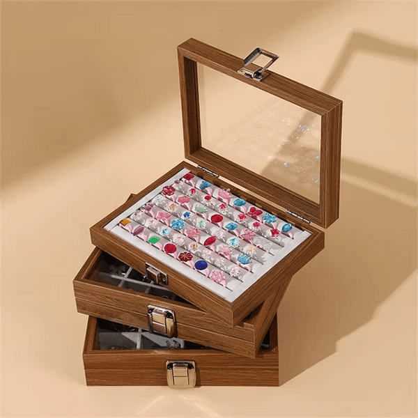 Elegant 7-Grid Wooden Ring Jewelry Box Velvet Organizer | SUNGLASSES MART - SunglassesMart