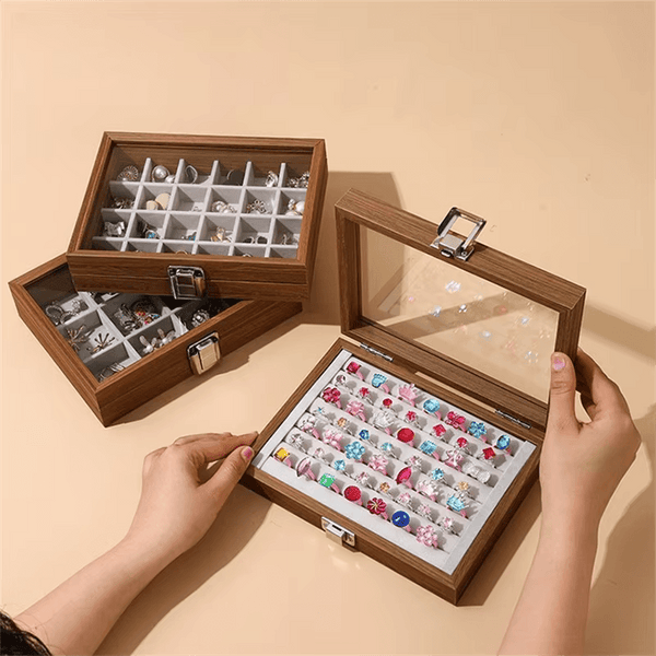 Elegant 7-Grid Wooden Ring Jewelry Box Velvet Organizer | SUNGLASSES MART - SunglassesMart