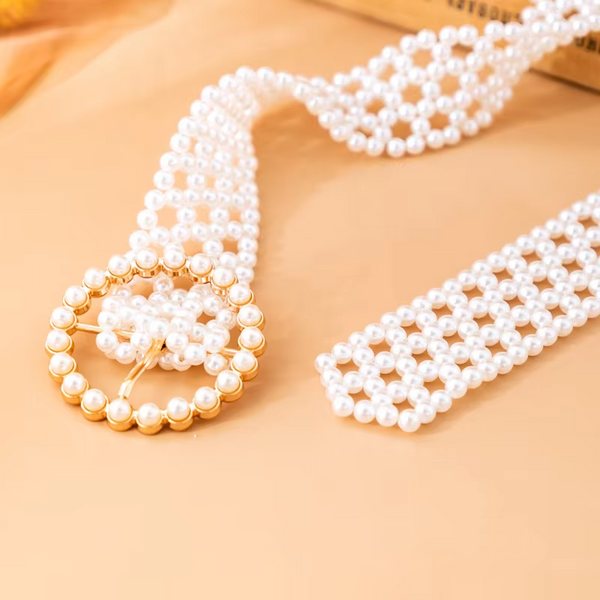 Trendy Pearl Braided Waist Chain Belt for Women with Alloy Buckle