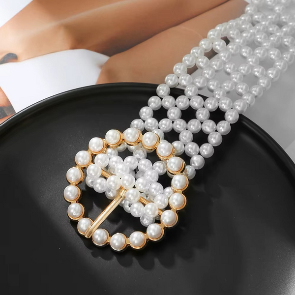 Trendy Pearl Braided Waist Chain Belt for Women with Alloy Buckle