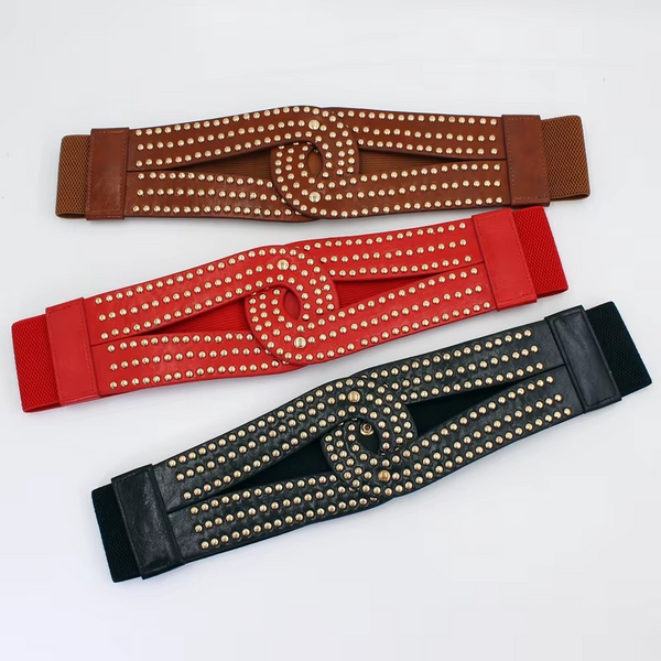 Women’s Gold Elastic Wide Waist Belt – Shiny Party Girdle Dress Accessory