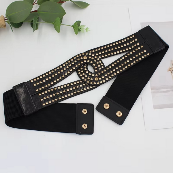 Women’s Gold Elastic Wide Waist Belt – Shiny Party Girdle Dress Accessory