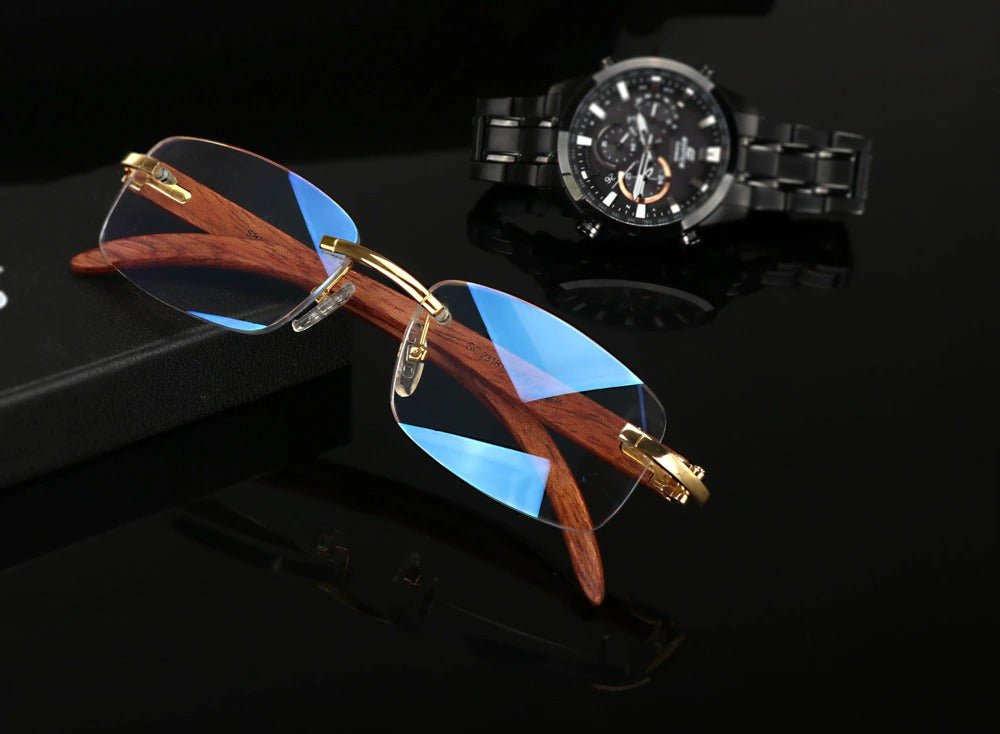Buy Vintage Wooden Rimless Glasses Men Antiblue Reading Spectacles for Men