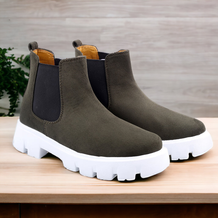 Olive Green Suede Chelsea Boots For Men