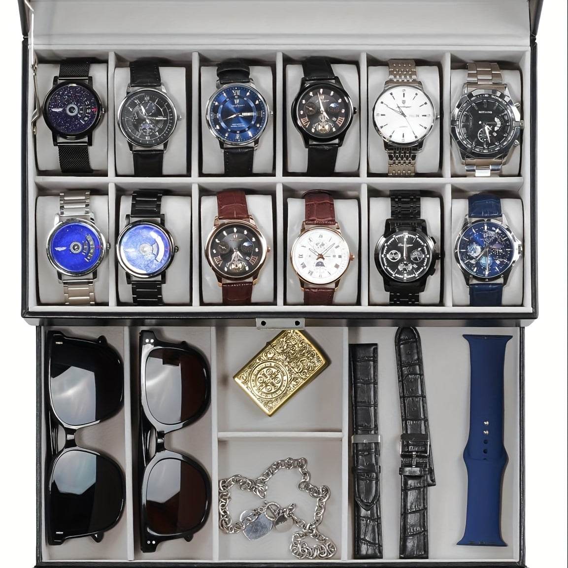 Organize Watches elegant style with this 12-Slot PU Leather Lockable Watch Storage Box - SunglassesMart