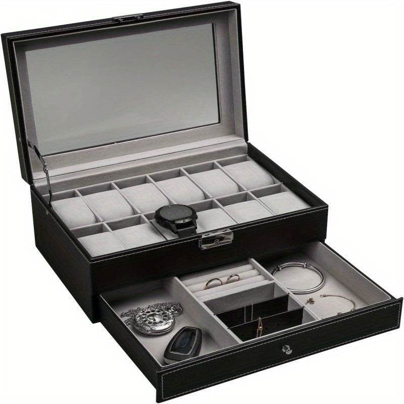 Organize Watches elegant style with this 12-Slot PU Leather Lockable Watch Storage Box - SunglassesMart