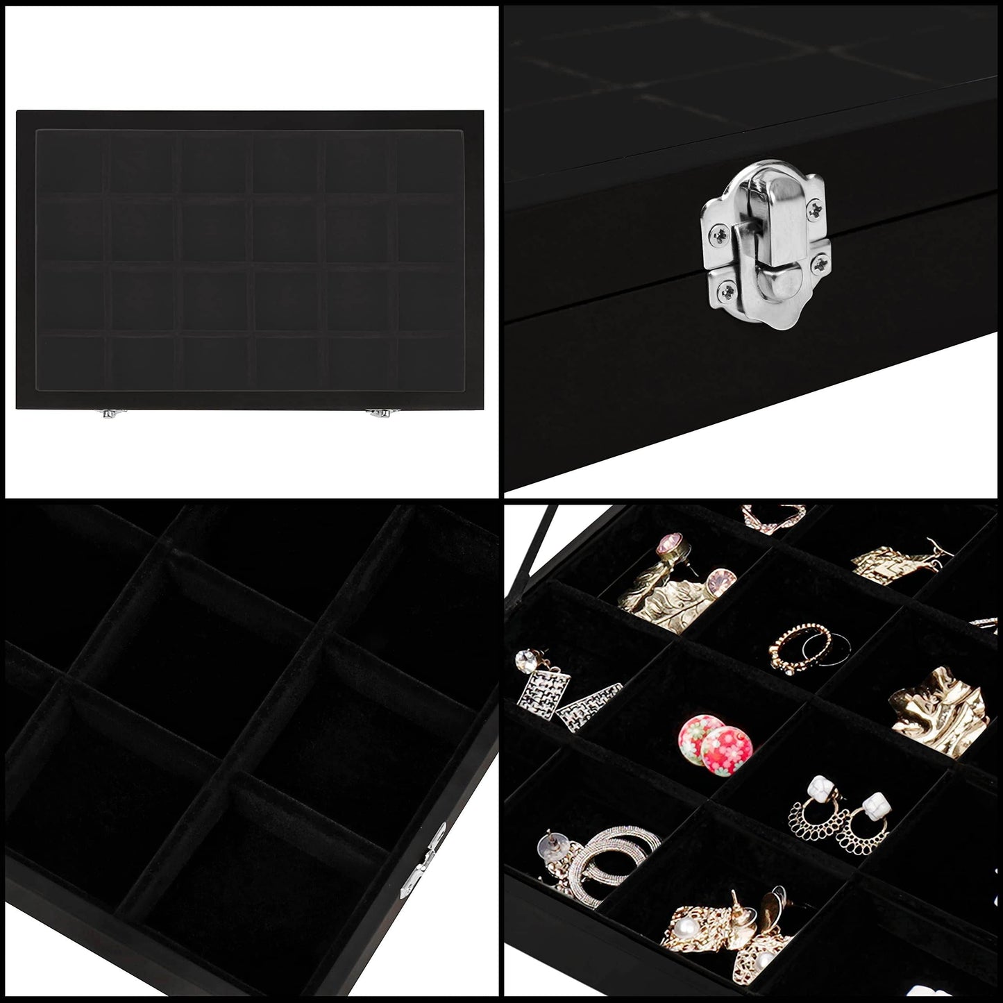 SUNGLASSES MART Luxury 24-Grid Velvet Jewelry Organizer with Glass Lid & Lock - SunglassesMart