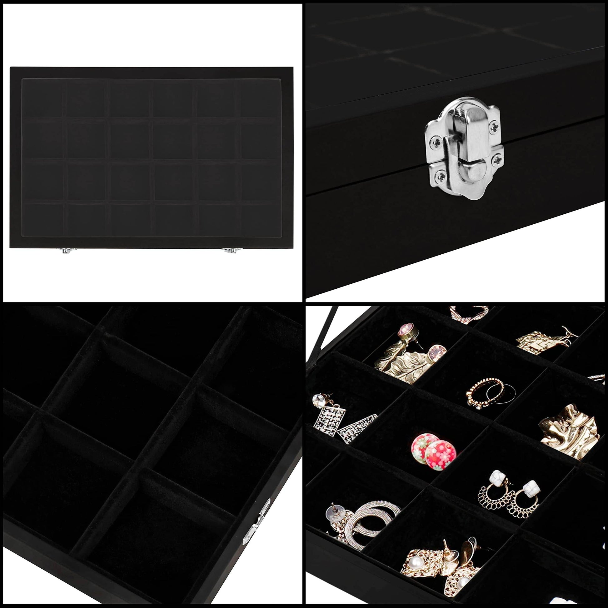 SUNGLASSES MART Luxury 24-Grid Velvet Jewelry Organizer with Glass Lid & Lock - SunglassesMart
