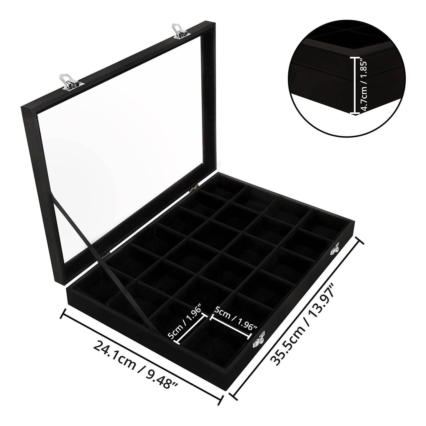 SUNGLASSES MART Luxury 24-Grid Velvet Jewelry Organizer with Glass Lid & Lock - SunglassesMart