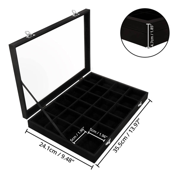 SUNGLASSES MART Luxury 24-Grid Velvet Jewelry Organizer with Glass Lid & Lock - SunglassesMart