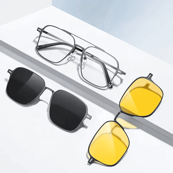 Metal Blue Ray Cut protection frame + 2 magnet sunshade clip-ons - SunglassesMart