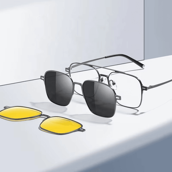 Metal Blue Ray Cut protection frame + 2 magnet sunshade clip-ons - SunglassesMart