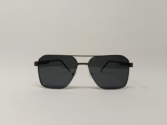 Black sunglasses with dark lenses on a light gray background