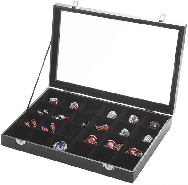 SUNGLASSES MART Luxury 24-Grid Velvet Jewelry Organizer with Glass Lid & Lock - SunglassesMart