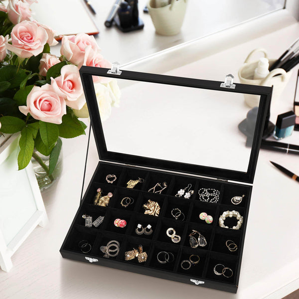 SUNGLASSES MART Luxury 24-Grid Velvet Jewelry Organizer with Glass Lid & Lock - SunglassesMart