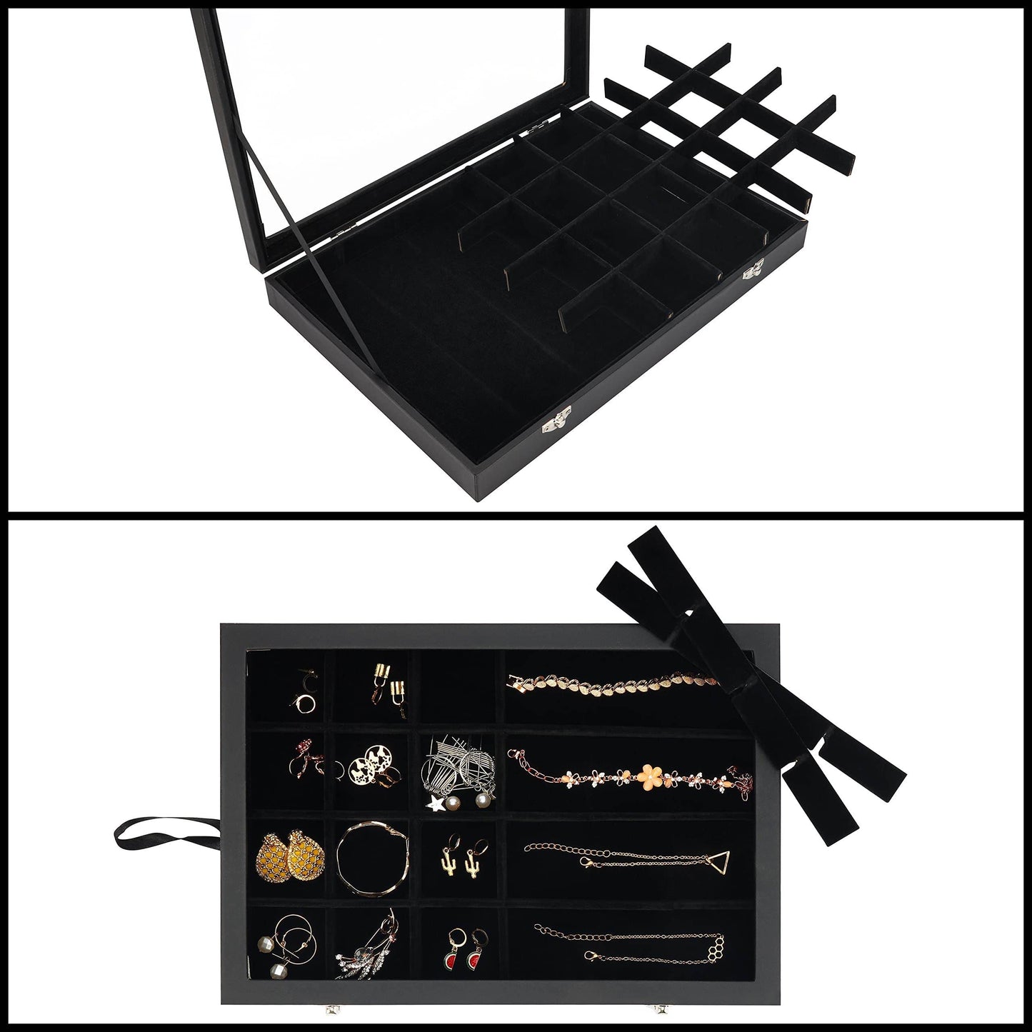 SUNGLASSES MART Luxury 24-Grid Velvet Jewelry Organizer with Glass Lid & Lock - SunglassesMart
