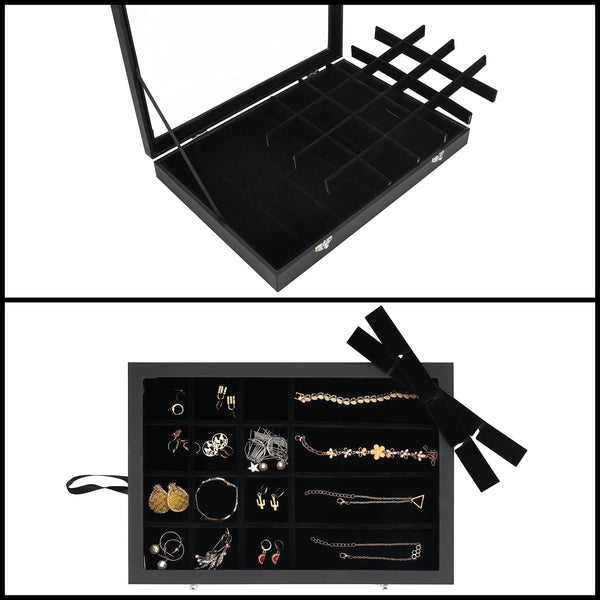SUNGLASSES MART Luxury 24-Grid Velvet Jewelry Organizer with Glass Lid & Lock - SunglassesMart