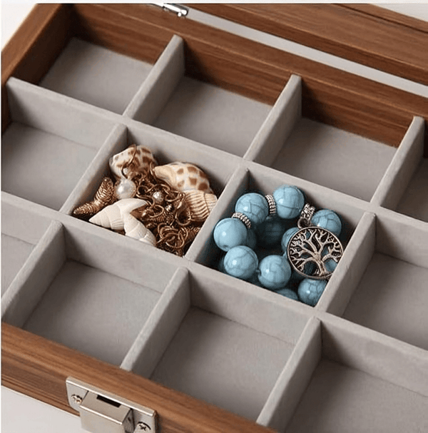 SUNGLASSES MART 24-Grid Wooden Jewelry Organizer Box with Glass Lid & Lock - SunglassesMart