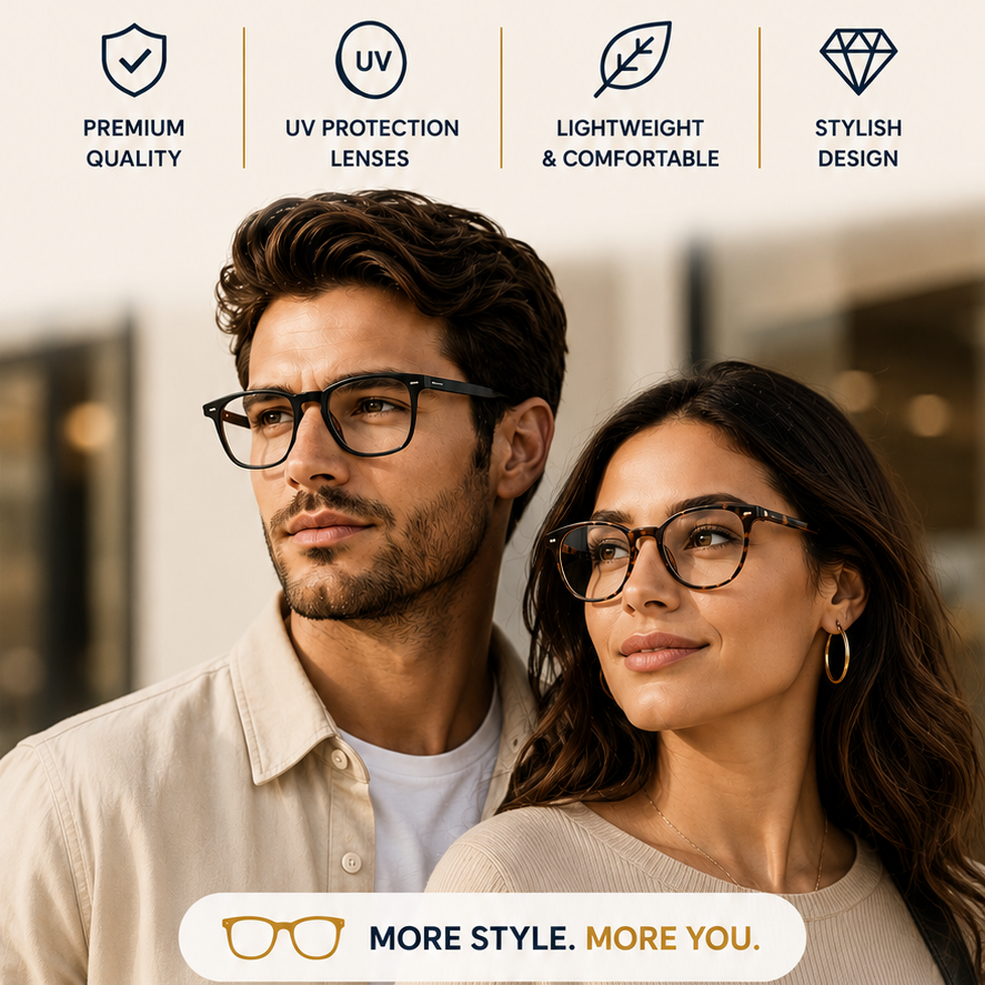Promotional advertisement for eyeglasses with a couple wearing glasses and text about a buy 2 get 1 offer.