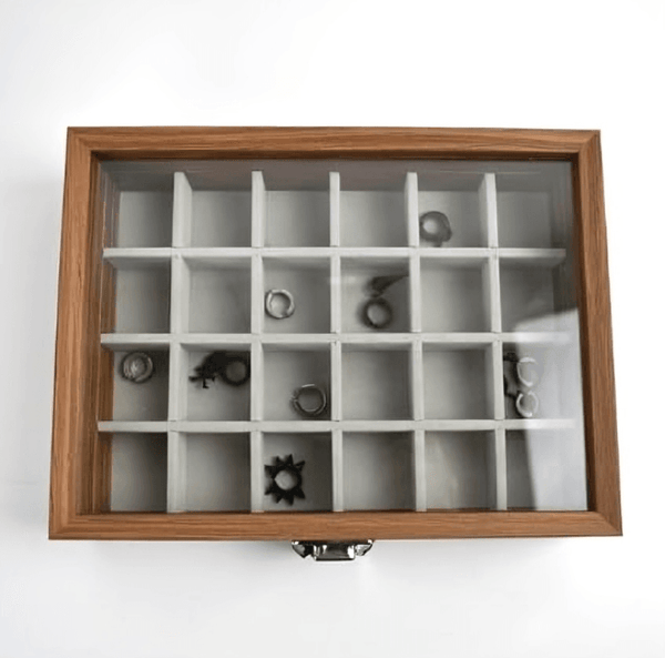 SUNGLASSES MART 24-Grid Wooden Jewelry Organizer Box with Glass Lid & Lock - SunglassesMart