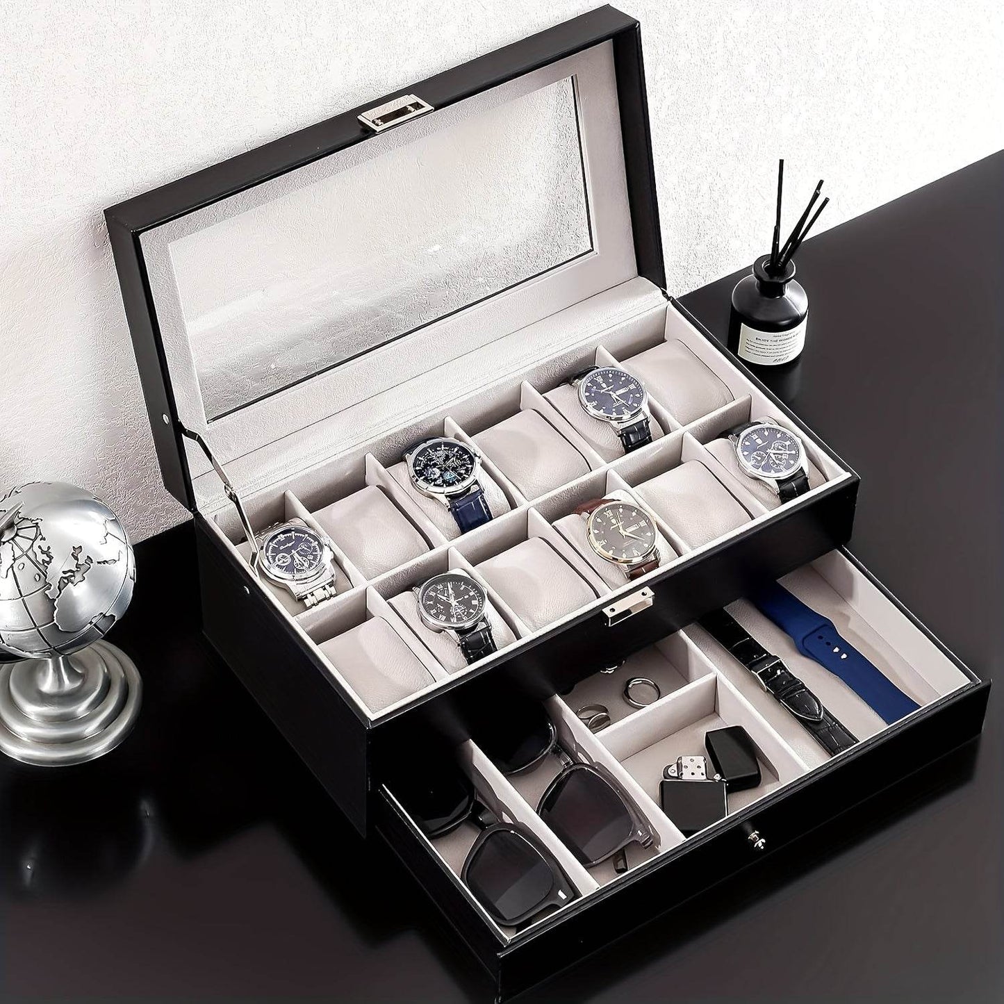 Organize Watches elegant style with this 12-Slot PU Leather Lockable Watch Storage Box - SunglassesMart