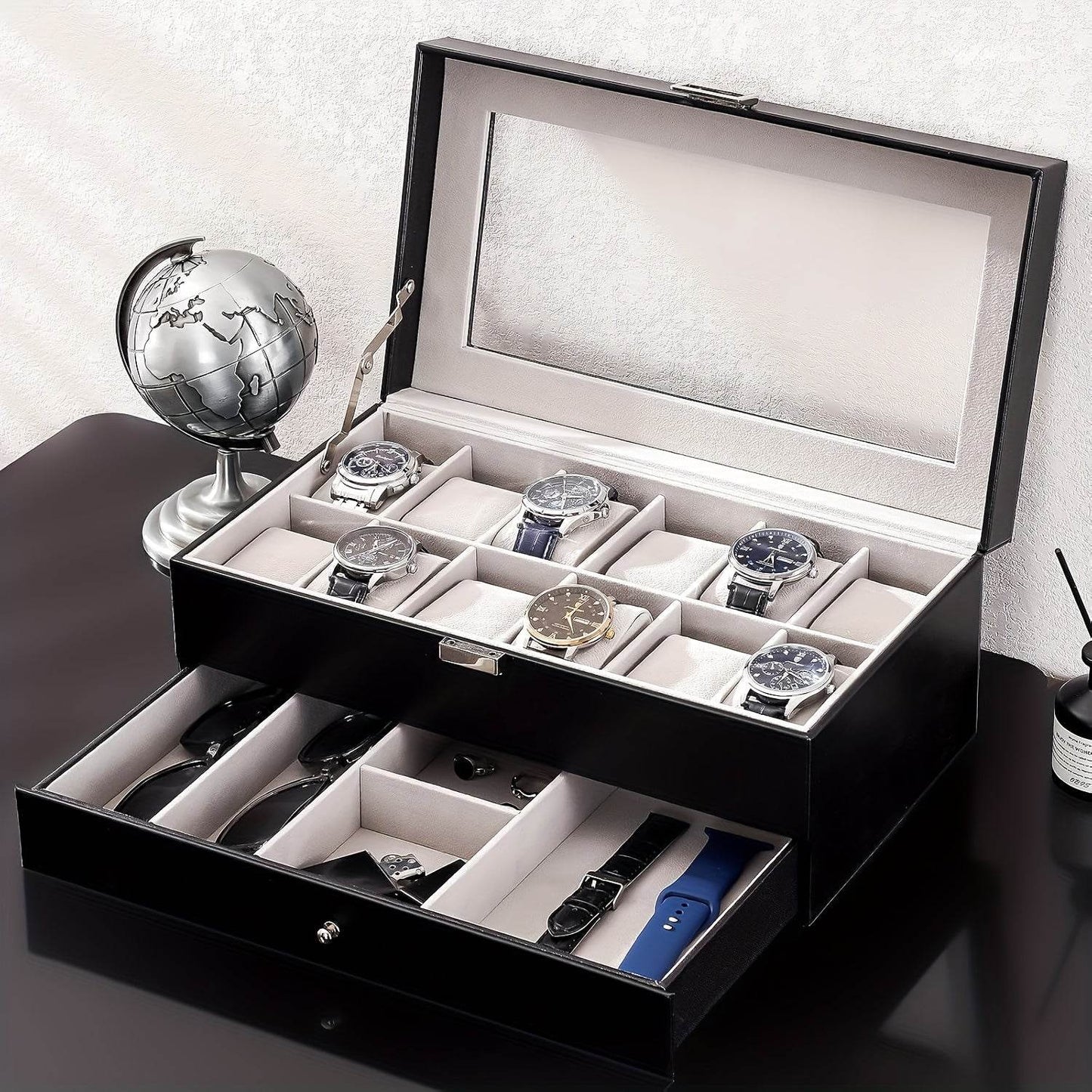 Organize Watches elegant style with this 12-Slot PU Leather Lockable Watch Storage Box - SunglassesMart