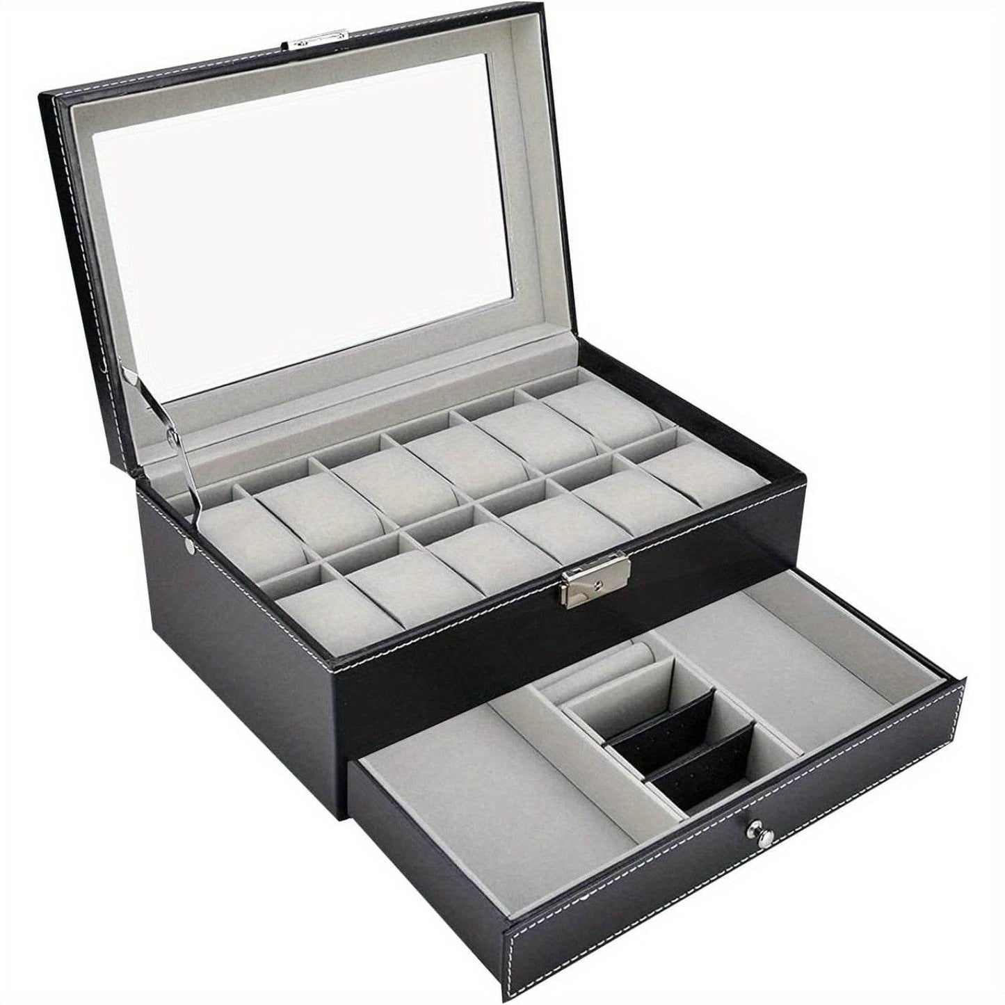 Organize Watches elegant style with this 12-Slot PU Leather Lockable Watch Storage Box - SunglassesMart