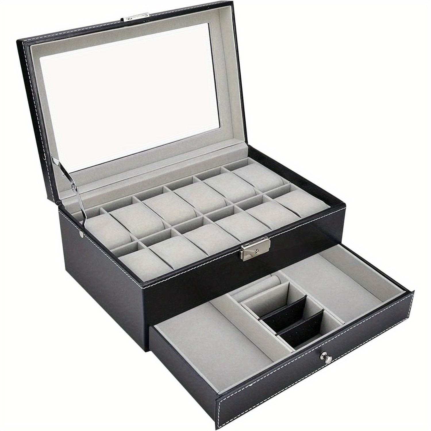 Organize Watches elegant style with this 12-Slot PU Leather Lockable Watch Storage Box - SunglassesMart
