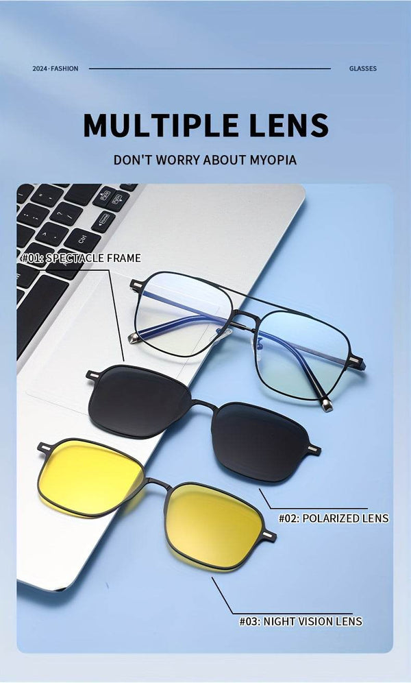 Metal Blue Ray Cut protection frame + 2 magnet sunshade clip-ons - SunglassesMart