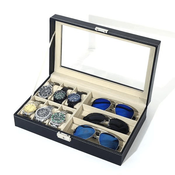 PU Leather 6-Position Watch Box with 3-Slot Sunglasses Display Storage Box - SunglassesMart
