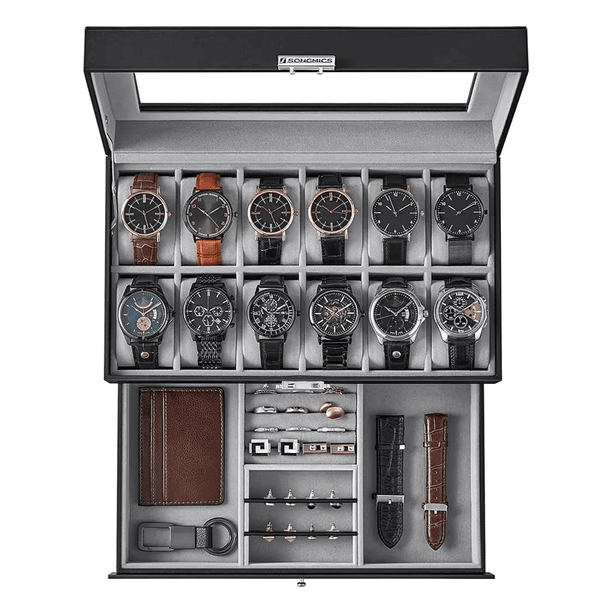 Luxury 2-Layer 12-Slot Lockable Watch Box with Glass Lid & Drawer - SunglassesMart