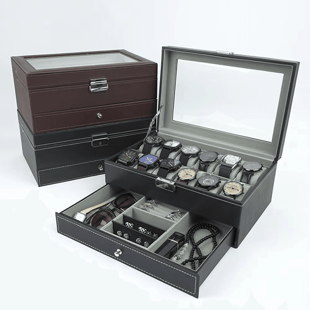 Luxury 2-Layer 12-Slot Lockable Watch Box with Glass Lid & Drawer - SunglassesMart
