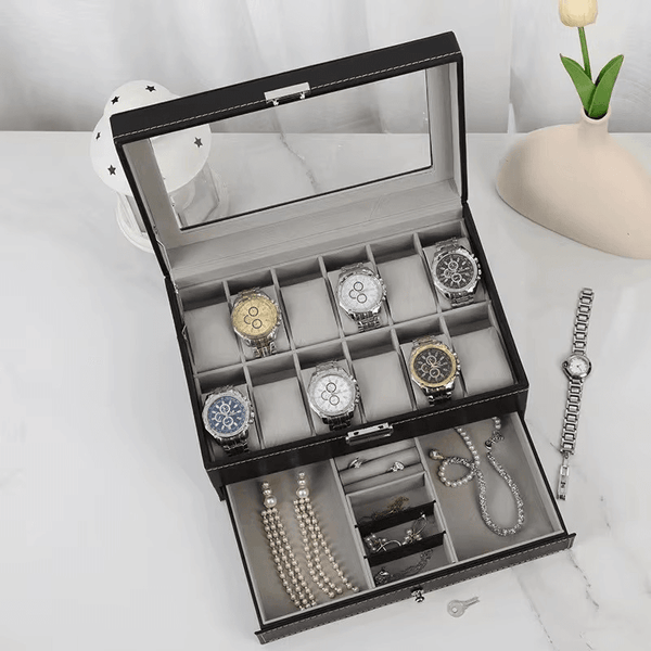 Luxury 2-Layer 12-Slot Lockable Watch Box with Glass Lid & Drawer - SunglassesMart