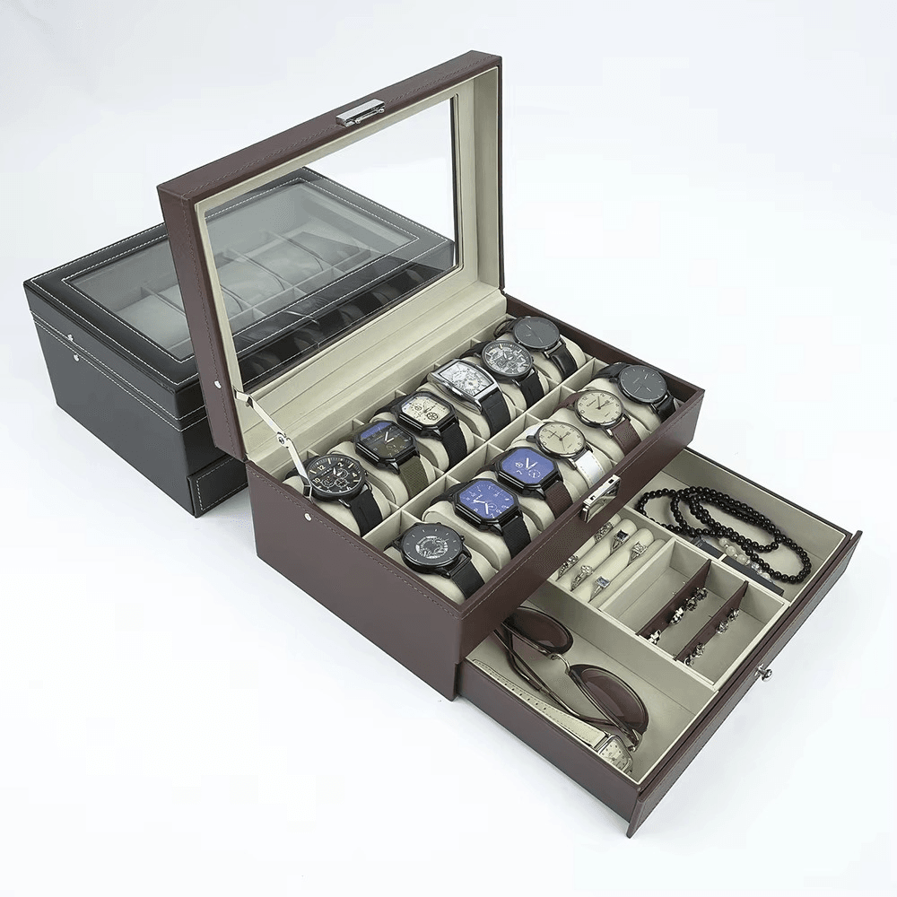 Luxury 2-Layer 12-Slot Lockable Watch Box with Glass Lid & Drawer - SunglassesMart