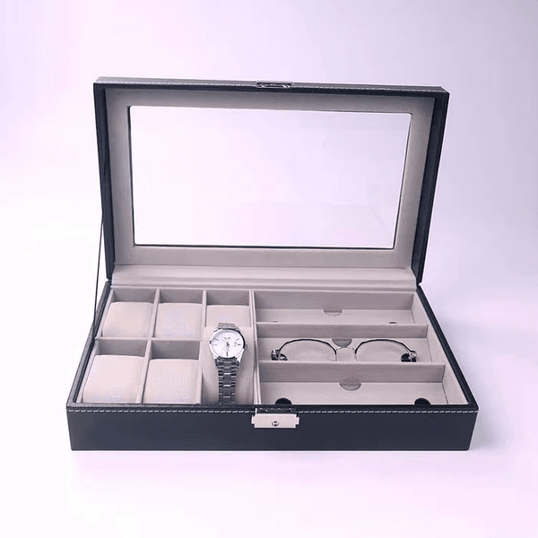 PU Leather 6-Position Watch Box with 3-Slot Sunglasses Display Storage Box - SunglassesMart