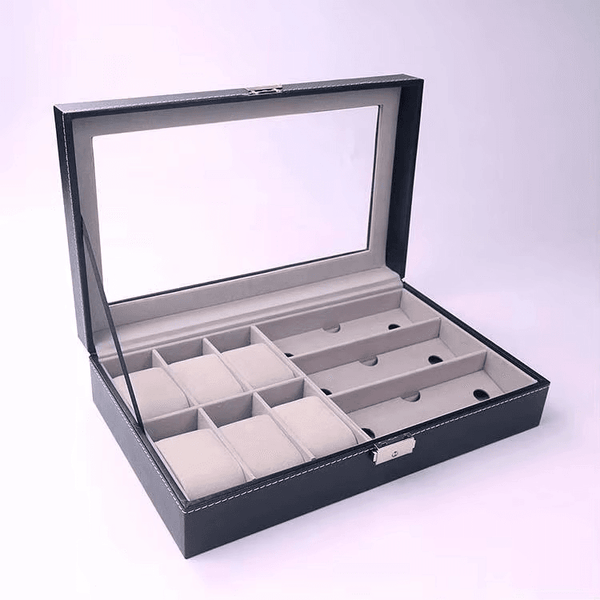 PU Leather 6-Position Watch Box with 3-Slot Sunglasses Display Storage Box - SunglassesMart