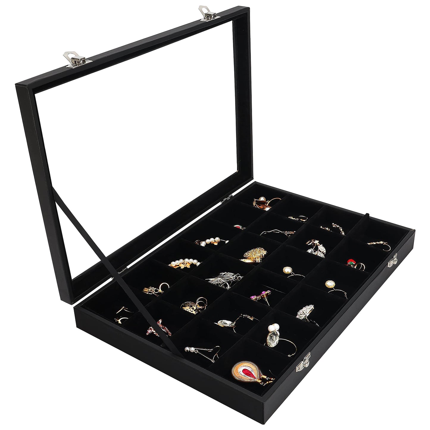 SUNGLASSES MART Luxury 24-Grid Velvet Jewelry Organizer with Glass Lid & Lock - SunglassesMart