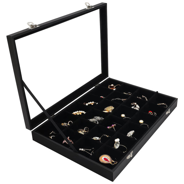 SUNGLASSES MART Luxury 24-Grid Velvet Jewelry Organizer with Glass Lid & Lock - SunglassesMart