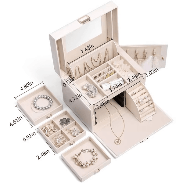 Leather 3-Tier Luxury Travel Jewelry Box with Lock and Mirror - SunglassesMart