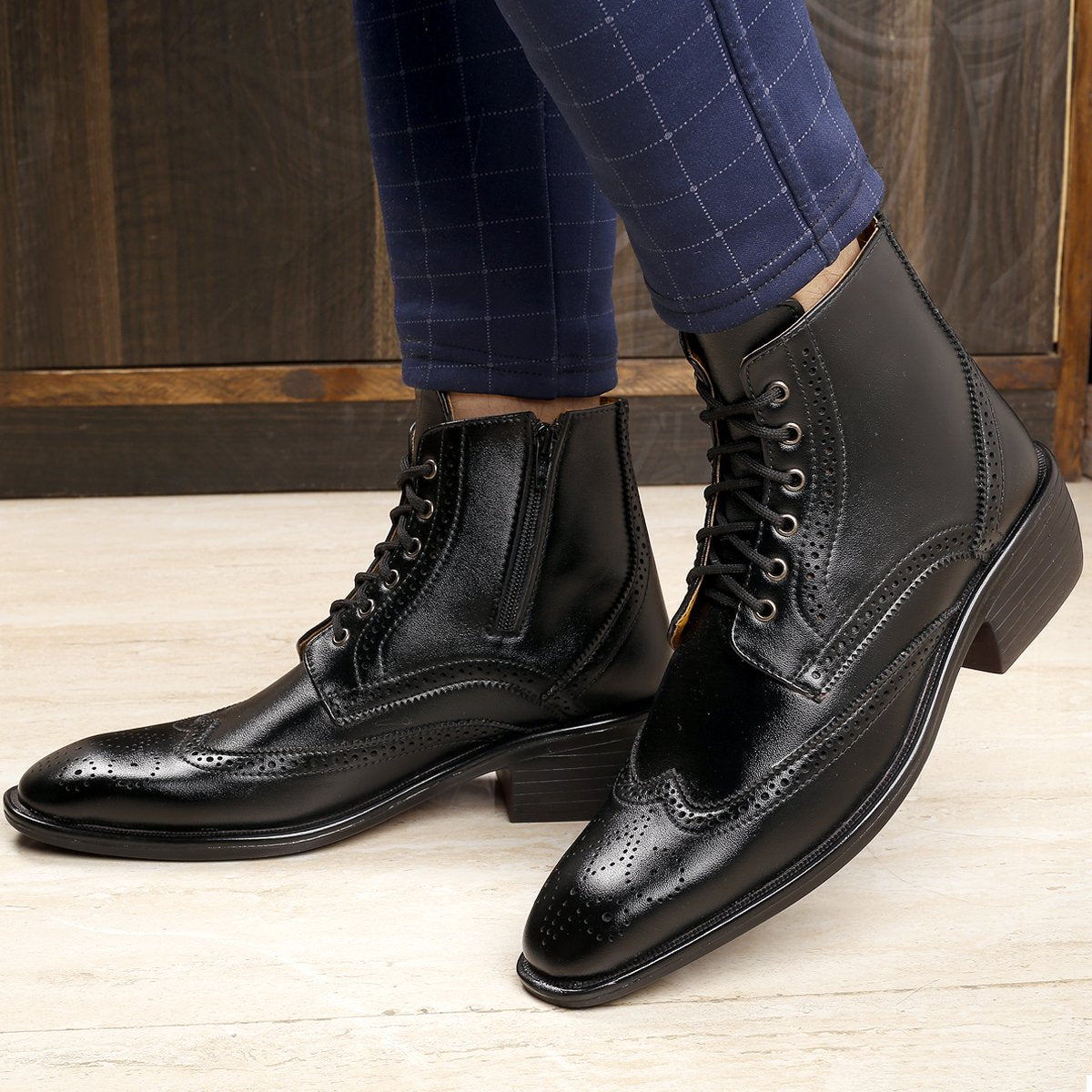 Men's Black Latest Formal Semi-Formal Cow Boy Ankle Zipper Lace-Up Brogue Boots
