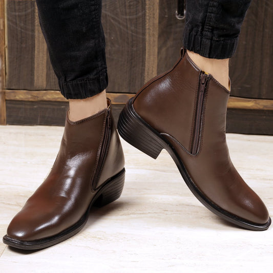 Brown Formal Height Increasing Zipper Slip-on Ankle Boots