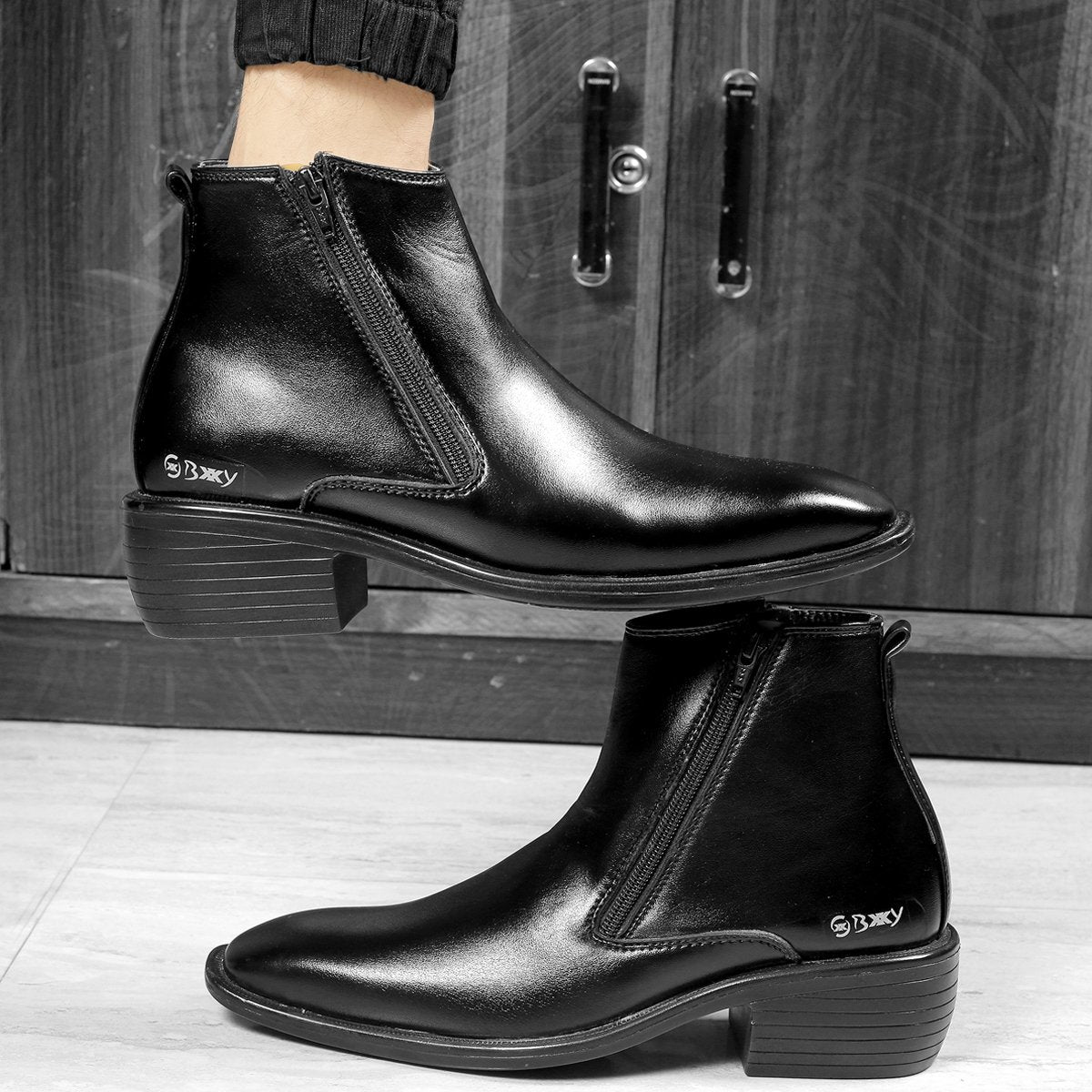 Black Formal Height Increasing Zipper Slip-on Ankle Boots