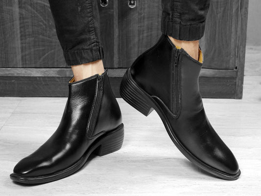 Black Formal Height Increasing Zipper Slip-on Ankle Boots